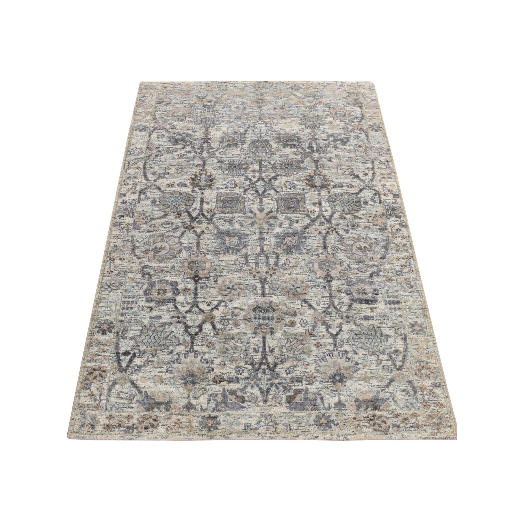 3'x5'2" Parchment White, Pure Silk, Tabriz Vase and Pomegranate Design, Hand Knotted, Oriental Rug 